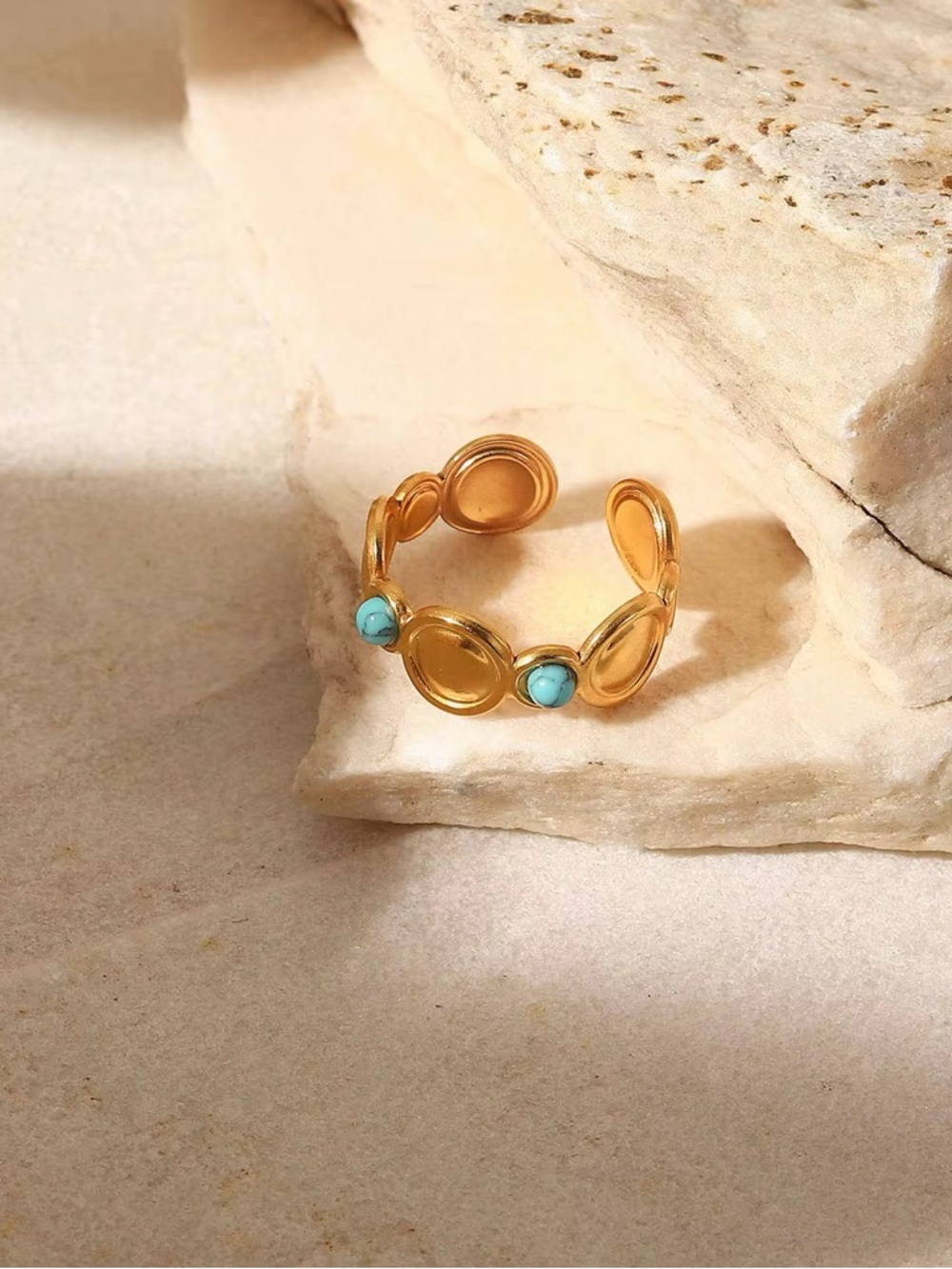 18K Gold Plated Adjustable Natural Turquoise Stone Ring - Picture 4 of 9